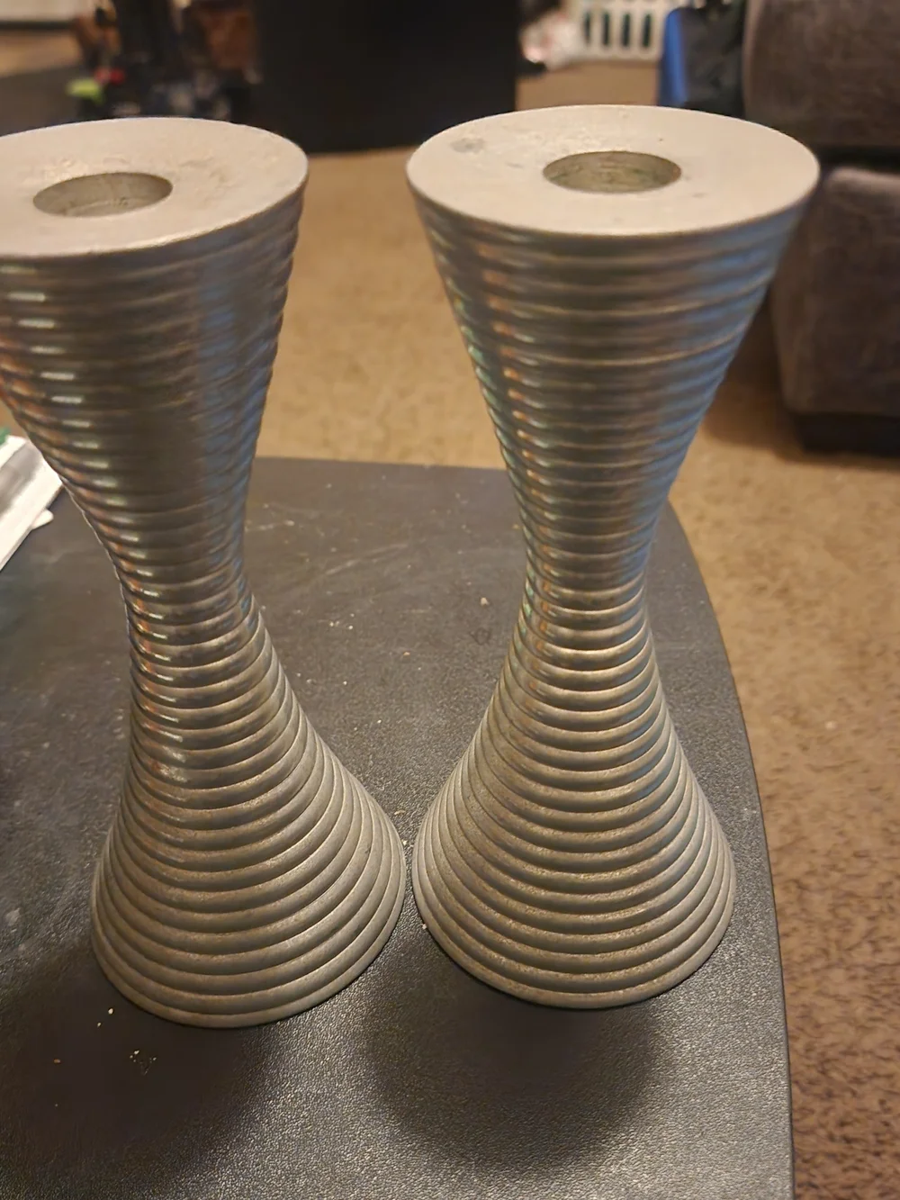 Modern Ribbed Metal Candle Holders - Silver Pair